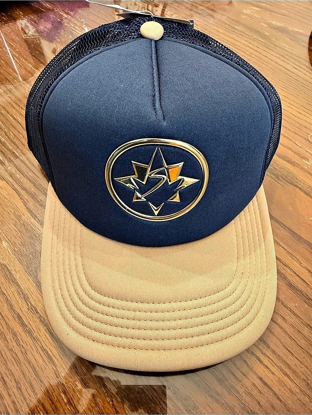 Disney Marvel Avengers Navy & Tan Trucker Hat Snapback Gold Logo NWT